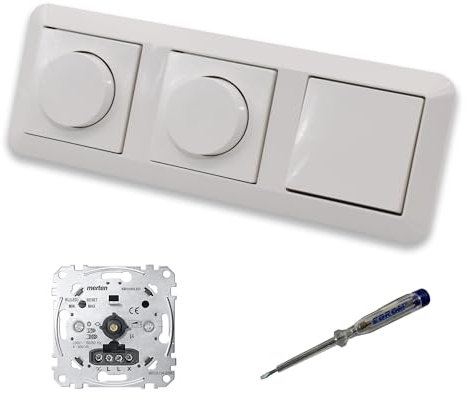 EBROM SET IDEE: Merten MEG5134-0000 (2 x) LED Drehdimmer Dimmer + Dimmerscheiben MEG5250-0319 und Lichtschalter MEG3116-0000 in polarweiß glänzend System M inkl. EBROM Phasenprüfer zur Gerätemontage