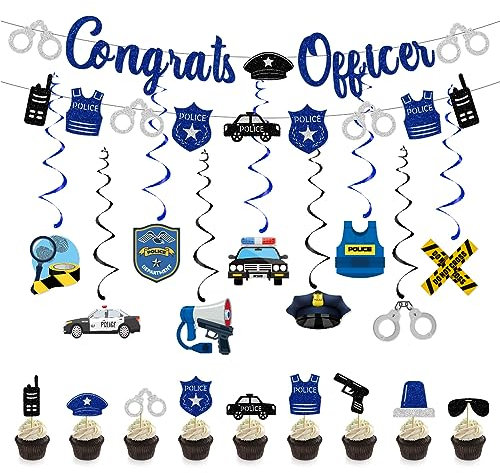 Polizei-Party-Dekorationen, Akademie, Abschlussfeier, Congrats Officer, Banner, hängende Wirbel, Cupcake-Topper, Cop Sheriff, Themen-Abschluss, Party-Dekorationen, Geburt