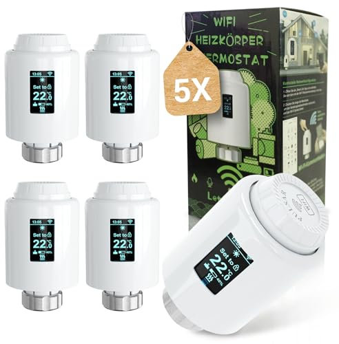 PULSAR 5-er Set Smart Heizungsthermostat Steuerung per App, Alexa, Google Assistant, Digitales Heizkörperthermostat mit Adaptern, Thermostat Heizung
