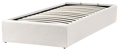 Beliani Polsterbett Bouclé weiß mit hochklappbarem Lattenrost 90x200 cm Bettkasten Dinan