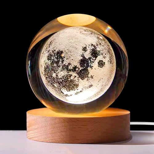 Luz Nocturna Con Bola de Cristal 3D Sistema Solar, 8cm Planetaria, Lámpara de Noche Con Base de Madera USB, Galaxia y Planetas Para Decoración