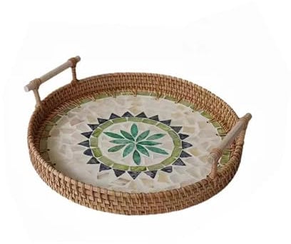 SLHEQING Rattan Serviertablett mit Griffen, Handgewebtes Wicker-Tablett Dekotablett Rund Aufbewahrungsplatten für Frühstück, Getränke, Snacks, Desserts, Brot, Kerze, Früchten (Blau, 28cm Durchmesser)