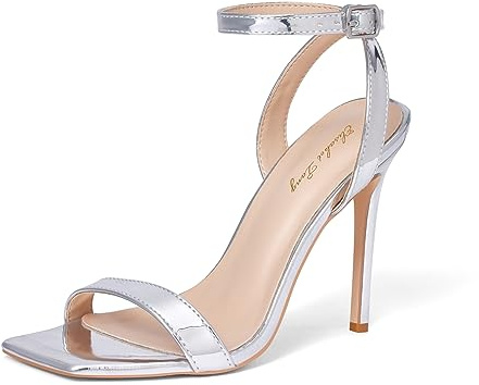 Zhabtuc Sandalias de mujer con tacones altos, elegantes zapatos de verano, sandalias de aguja con punta abierta, fiesta, graduación, boda, tacones altos, 36-42 EU, Plata Pu, 41 EU