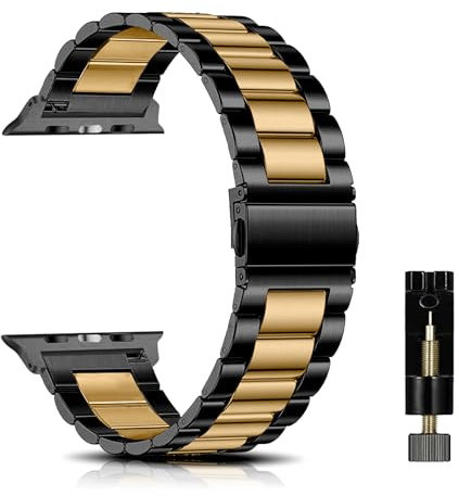 SeNool Strap for Apple Watch 49mm 46mm 45mm 44mm 42mm Series 10/9/8/7/6/5/4/3/2/1/Ultra 3/Ultra 2, Men and Women Metal Stainless Replacement Watch Strap Band for Apple iWatch/SE 3/SE 2-Black/Gold