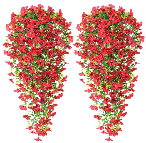 Betylifoy Artificial Hanging Flowers 4PCS Artificial Hanging Plants Outdoor UV-Resistant Fake Hanging Flowers Artificial Trailing Plants for Garden Patio Wedding Outdoor Decor (Red)