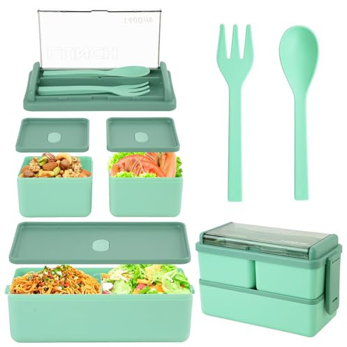 HMIEPRS Fiambrera 1400ml, Fiambrera Bento Infantil Adultos con 2 Capas 3 Compartimentos y Tenedor Cuchara, Fiambrera Apta para Microondas y Lavavajillas para la Escuela, Pícnic y Oficina (Verde)