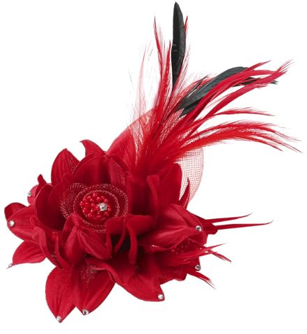 PATIKIL Pince à cheveux florale, 1 pièce Élégante broche à fleur en plume de chapeau en soie pour mariage, accessoires de broches Camélia Charm Lady Dress Suit, rouge avec plumes noires