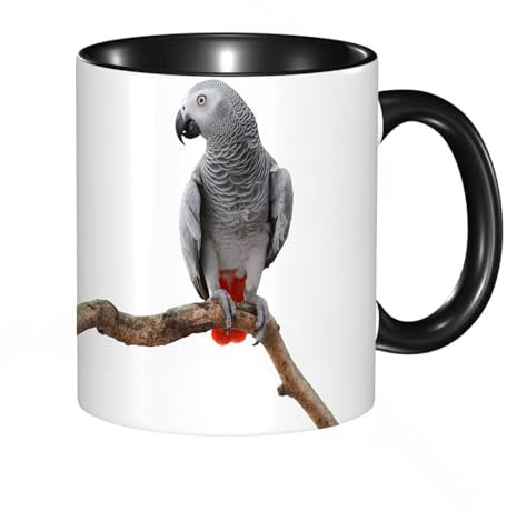 EKLMPS Coffee Mugs,11oz Ceramic Mugs, Funny Gifts for Women, Birthday Present,Christmas,Funny Mugs for Men,Grey,African Parrot Bird Psittacus Erithacus Standing on a Branch Tropical Natur