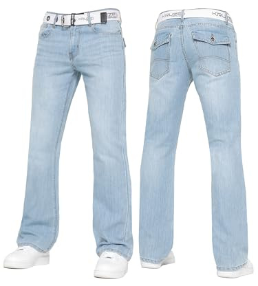 BRAND KRUZE Mens Bootcut Jeans Casual Flared Wide Leg Free Belt Stylish Fashion Denim Trouser Pants KZ115 Light Blue 34W / 32L