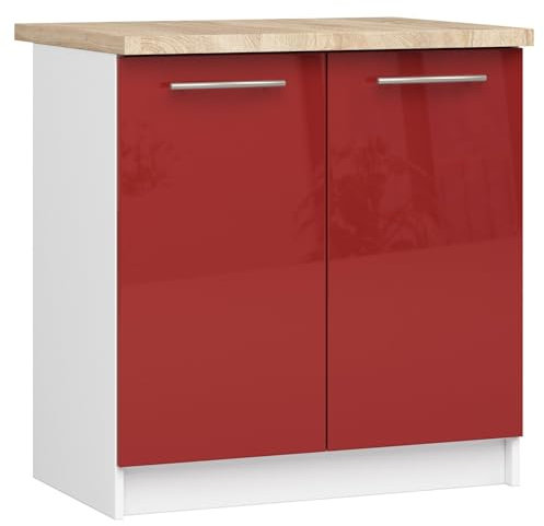 AKORD | Küchenschrank mit Arbeitsplatte - Oliwia S80 | Küchenunterschrank mit 2 Türen und 2 Einlegeböden | Unterschrank Küche 80 cm Breit | ABS-Kante 18 mm | 46 x 80 x 85 cm | Weiß & Rot Glanz