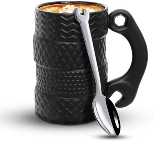 Kaffeetasse groß mit Löffel, 450 ml Keramik Reifen Tasse - Handwerker Geschenke, Männliche Präsente & Autoliebhaber - 3D Autotasse für Büro - Geschenke für Männer