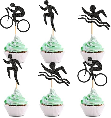 Blumomon 24 Stück Swim Bicycle Run Cupcake Topper - Schwarz Glitter Triathlon Picks für Sport Thema Deko