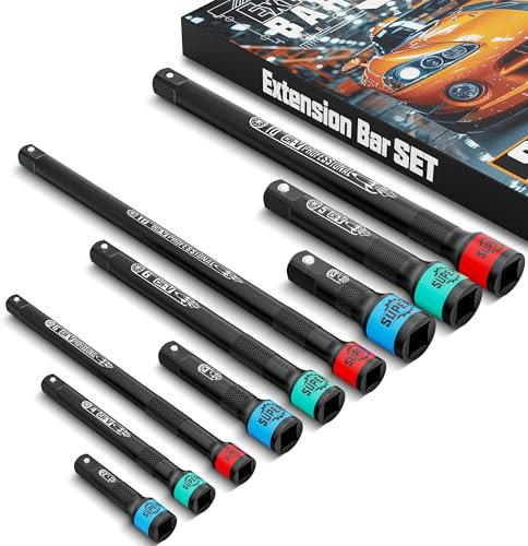 KIRXST 9PC Impact Socket Extension Bar Set, 1/4, 3/8 1/2 Drive Extension Bar, CR-V Steel Wrench Extender for Manual Pneumatic Torque Wrench
