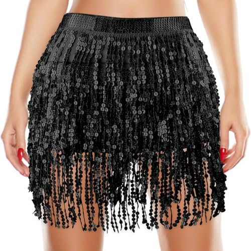 Gonna Paillettes Donna con Frange per Danza del Ventre - Gonzo Paillettes e Frange per Spettacolare Esibizione,Gonna da donna con paillettes e nappe