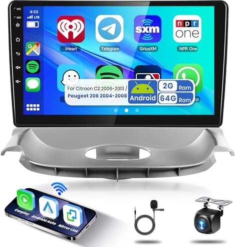 Podofo 2G&4G 9 Radio para Coche de para Peugeot 206 2004-2008/Citroen C2 2006-2013 con Carplay Android Auto,Bluetooth HiFi/RDS/FM Radio+WiFi Navi,AHD Cámara de visión Trasera/CANBUS