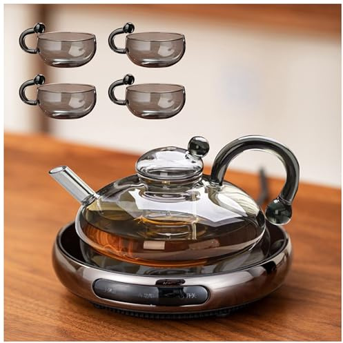 MLKHESY New Sereno Filtration Teapot Set with 4 Tea Cups and a Heating Ceramic Stove, Heat-Resistant Glass Teapot Set, Magic Teapot Set, for Blooming & Loose Leaf