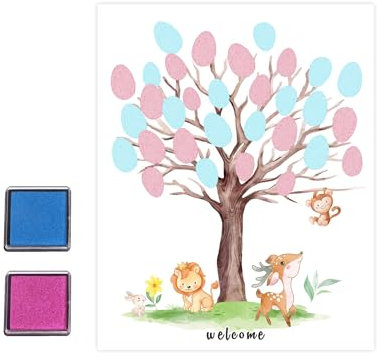 JIANGWON Gender Reveal Party Deko – Fingerabdruck Baum, Geschlechtsverkündung Baby, 1 Poster (30 x 42 cm), Pink & Blau Stempelkissen, Klebepunkte – Babyparty & Gender Reveal Geschenk (Aufkleber)