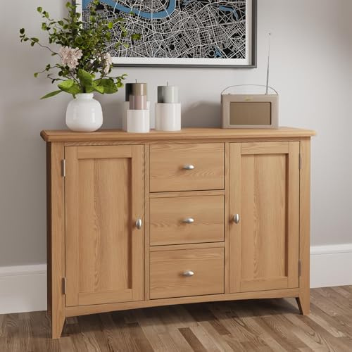 Home Source Fully Assembled Living Room Large Sideboard, Solid Oak Veneer, 3 Storage Drawers, Metal Handles, Rounded Corners