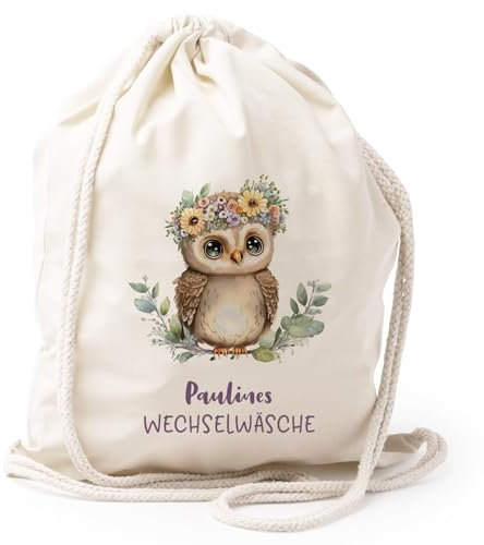 AMBERGER DESIGN by A&M Osterhage amd Turnbeutel Eule Blumenkranz Wechselwäsche personalisiert-Name Kita-Rucksack Geschenk-Kindergarten personalisierter Sport-Beutel