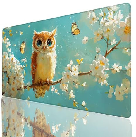 White Mouse Pad, Gaming Mouse Pad 900 * 400 * 3mm, Desk Mat Large with Stitched Edges, Non Slip Rubber Base, Owl Mousepad Waterproof for Laptop Office Gaming Desk Accessories Gifts for Men 418-GYL