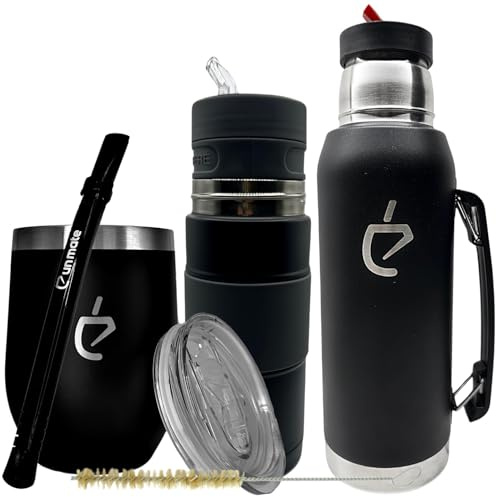 Un Mate – Set TAKE AWAY de iniciación Yerba negro de acero inoxidable con tapa (350 ml), bombilla negra, termo de 1000 ml, Yerbomos autocebante, cepillo de limpieza, sin BPA