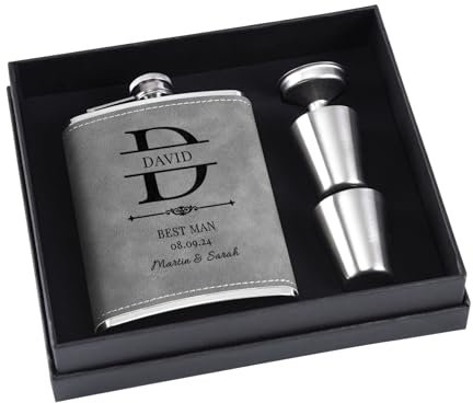 Personalised Flask Gift Set for Best Man Groomsmen, 8 oz 304 Stainless Steel Engraved Hip Flasks, Custom Flask for Wedding (Grey)
