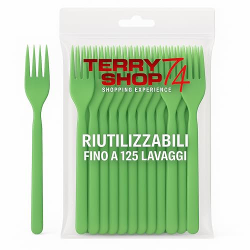 Terryshop74 Forchette Riutilizzabili Lavabili in Lavastoviglie Fino a 125 Volte – 7 Pollici – 6 Colori – Plastica Resistente – Varianti Coltelli e Cucchiai Bianchi (100, Forchette verdi)
