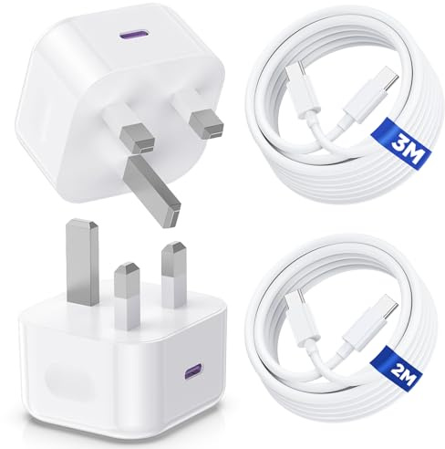 for iPhone 17 16 15 Pro Max USB C Charger,2Pack 20W USB-C Power Adapter Fast Charge with 2M+3M USBC to C Cable,Type C UK Charger Plug for iPhone 16/15/16 15 Pro/16 15 Plus,iPad Pro/Air/Mini