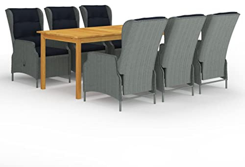 Qnhdfrt Garten Essgruppe Set aus Akazienholz mit 6 Stühlen PE Rattan und Liegefunktion 200x90x74 cm Outdoor Sitzgruppe für Terrasse Garten und Balkon