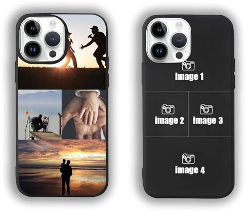 Personalised Custom Phone Case for iPhone 16 15 14 13 12 11 Pro Max Case, Customized Photo Name Phone Case Anti-Scratch Shock-Resistant Soft Protective TPU (Black Case 4 Photos) Clear