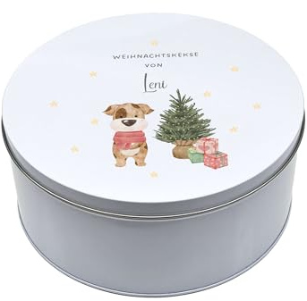 Mainely Personalisierbare Keksdose Weihnachten Hund – Vorratsdose für Plätzchen & Gebäck – Weihnachtsdose & Geschenkidee für die Adventszeit – mit Namen personalisiert