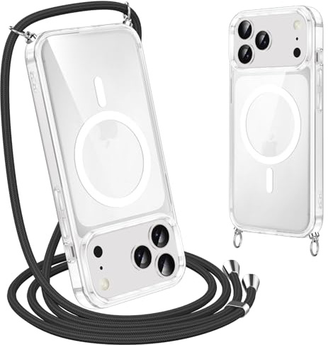 Olgary Coque pour iPhone 17 Pro avec Cordon de Collier, [Compatibel mit Magsafe] Noire Magnétique Antichoc Housse avec Corde Réglable Téléphone Étui Portable Lanyard Case-Noir