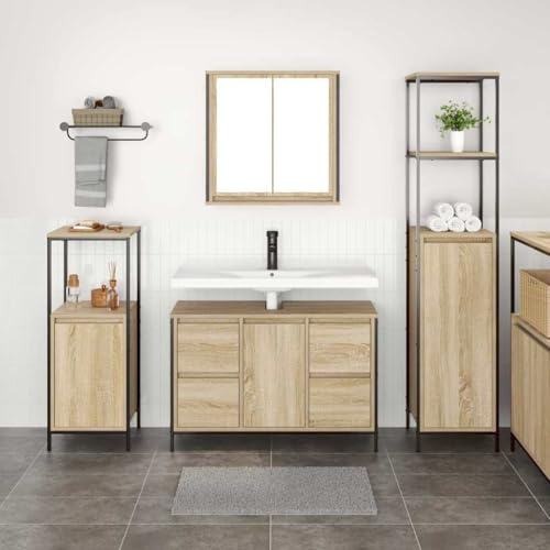 Owoxanthellate Badezimmermöbel Set 3-teilig Sonoma Eiche Schwarz 36x35x165 cm Stauraum Regal Waschbeckenunterschrank Modernes Design Robust für kleine Bäder Gäste WC und Home Spa