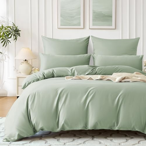SOULFUL Housse de Couette 220x240 Satin de Coton - Vert Sauge | Soyeux et Respirant, 100% Coton à Longues Fibres, Certifié Oeko-TEX, Parure de Lit 220x240cm avec 2 Taies d'oreiller 65x65 cm