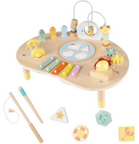 COSTWAY Aktivitätstisch Holz, Baby Montessori Spieltisch mit Motorikschleifen, Angelspiel, Xylophon, Spieluhr, Formensortierer, Motoriktisch Lernspielzeug für Kinder ab 1 Jahr