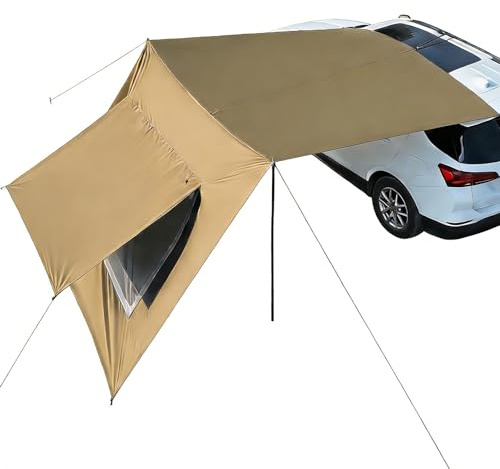 Awning Campervan 2.9x4.8 m, Van Awning Camping Tent Caravan Door Canopy Waterproof and Sunscreen Tailgate Sun Shelter Outdoor Camping Tarp with Pole (Khaki)