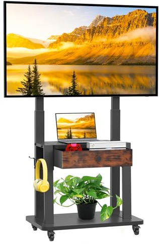 Meuble TV sur roulettes avec tiroir en Tissu pour écrans Plats/incurvés de 32 à 75 Pouces, Hauteur réglable, LCD/LED/OLED, avec Espace de Rangement, Chariot TV Mobile sur Roues jusqu'à 100 kg
