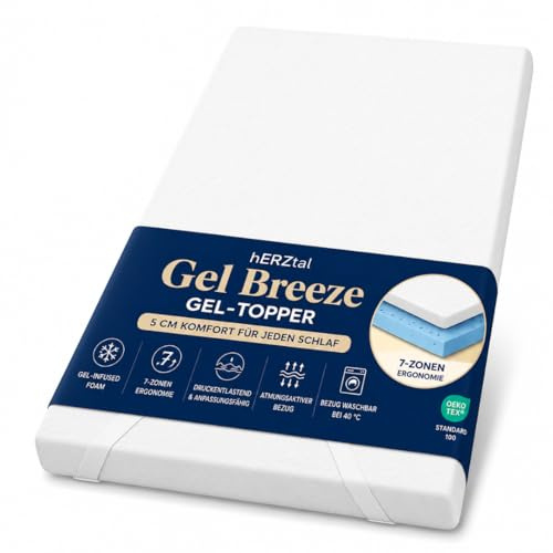 hERZtal Gel Breeze Gel-Topper 5 cm – Kühlender Visco-Gel Matratzentopper mit atmungsaktivem Bezug, Antirutsch-Noppen & Eckbändern, ergonomisch & druckentlastend, Oeko-TEX® Standard 100 (90x200)