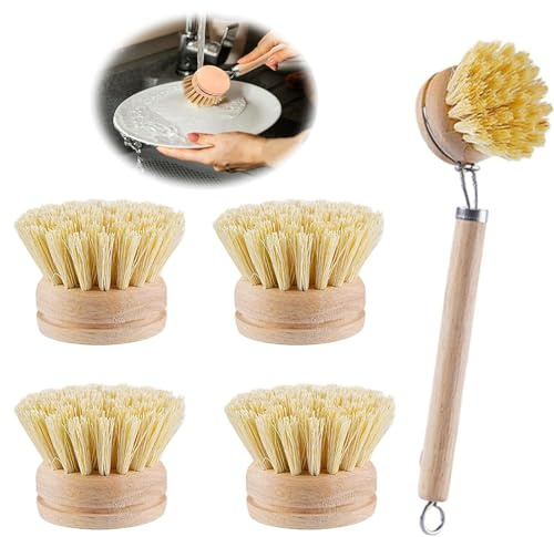 Wooden Washing Up Brush Set with Replaceable Heads, Bamboo Natural Brush | 5-Pc Eco Dish Brush Set, 4 Replaceable Heads, Natural Bamboo for Greasy Pots, Pans, Kitchen, Bathroom Tiles, Sisal Bristles