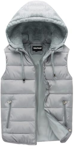 YOUTHUP Men's Outwear Gilets Winter Padded Gilet with Hood Thick Puffer Quilted Body Warmer Sleeveless Jacket Grey, L