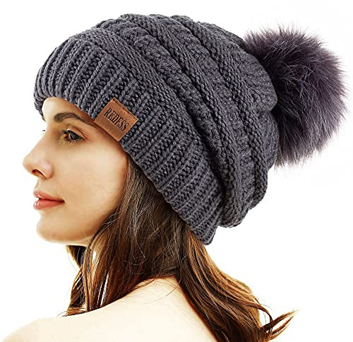 REDESS Damen Winter Pom Pom Beanie Mütze mit warmem Fleece gefüttert, Dicker Slouchy Snow Knit Chunky Baggy Skull Ski Cap