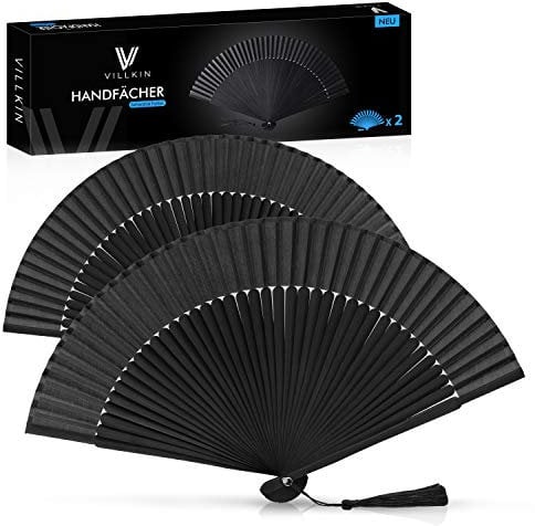 Villkin 2X Handfächer - ORIGINAL - 2 Handfächer für eine Abkühlung im Sommer, für Hochzeiten und Fasching (Schwarz, 2er Set)