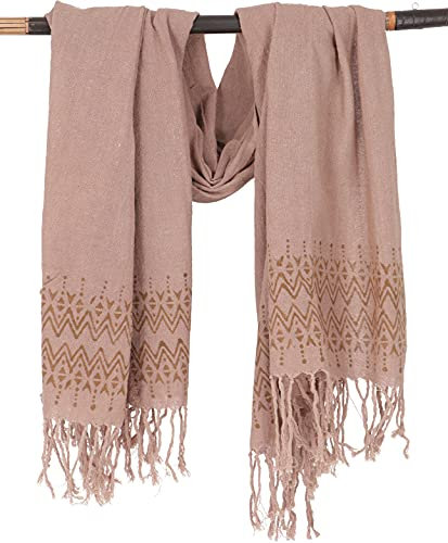 GURU SHOP Handgewebtes Baumwolltuch mit Tribalmuster, Blockdruck Webschal - Hellbraun, Herren/Damen, Baumwolle