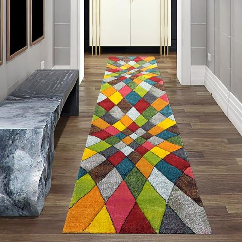 Teppich-Traum Moderner Flurläufer abstraktes Design buntes Rautenmuster grün gelb orange bunt - pflegeleicht Größe 80x300 cm