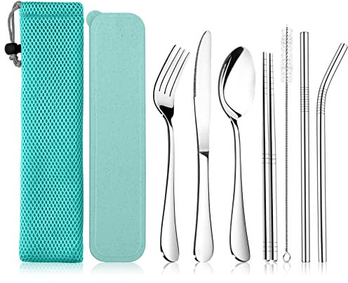 Campingbesteck, Joyfair 9-teiliges Edelstahl Reisebesteck Set, Tragbare Besteck Set mit Messer, Gabel, Löffel, Strohhalme, Essstäbchen, Reinigungsbürste, Tragetasche & Box, Wiederverwendbar - Grün