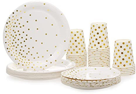 Aoresac 90pz Piatti di Carta Tovaglioli Stoviglie per Feste Decorazioni Stoviglie e Tazze Piatti, per Feste di Compleanno, Matrimoni, Anniversari, Bianco con Lamina d'oro (30 Ospiti)
