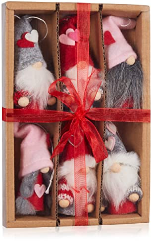 BRUBAKER 6er Set Dekoanhänger Herz Zwerge aus Holz und Strick - Baumanhänger Weihnachten Wichtel - Geschenkanhänger Valentinstag Rosa Rot - Baumschmuck oder Herz Dekoration in Geschenkbox