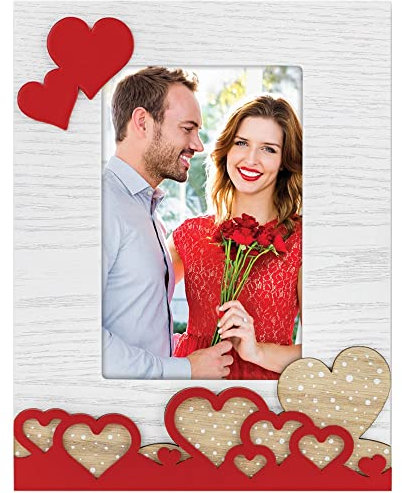 matches21 Wechselrahmen Holzrahmen Bilderrahmen 3D Herzdekor Herzen Hochformat Rahmen weiß rot Natur 1 STK 10x15 cm