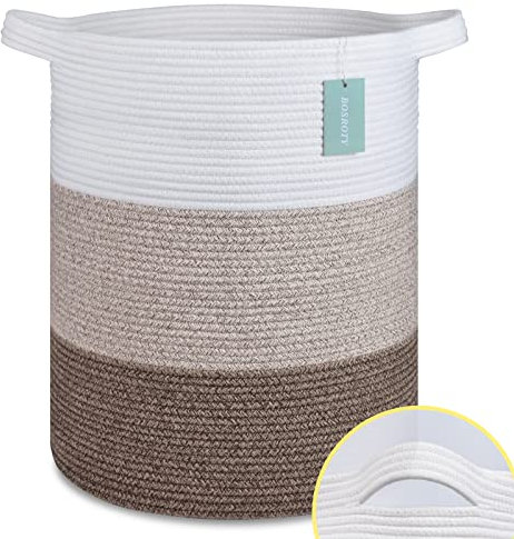 BOSROTY Large Blanket Basket, Nursery Hamper, Tall Laundry Basket 72L, Cotton Rope Woven Laundry Hamper for Storage Toys Clothes Towels, 40 x 55 CM, White & Gradient Brown