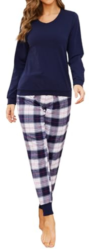 Mnemo Pyjama Femme Ensemble Pyjama a Carreaux Pyjama Coton Femme Carreaux Pyjama Femme Coton Manches Longues, Bleu et Blanc, S